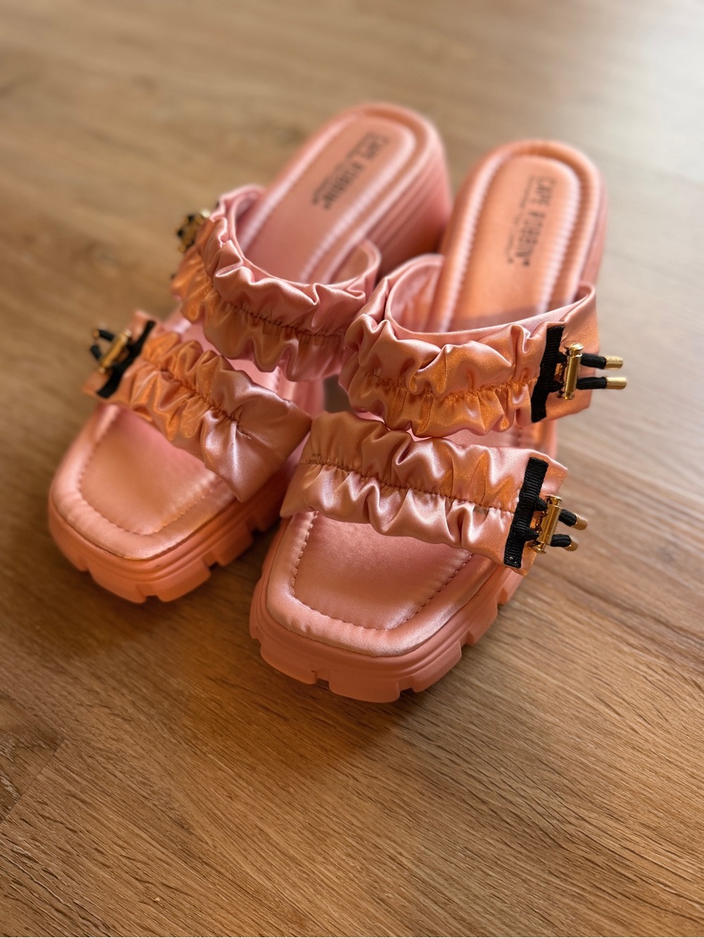 Cape Robbin Satin Ruched Platform Peach Pink Slides